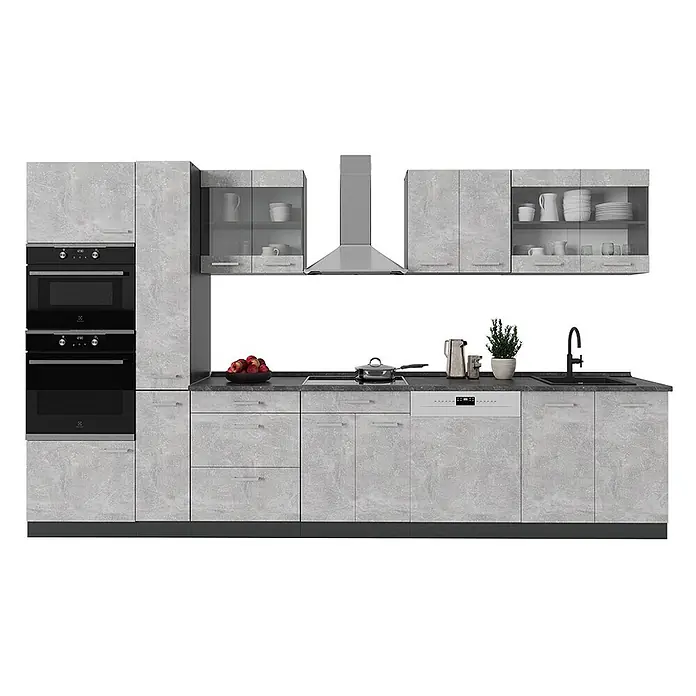 Vicco Küchenzeile R-Line Beton/Anthrazit, AP Eiche - Breite: 350 cm, Beton, Ohne Elektrogeräte - Moderne Küchenzeile im hellgrauen Beton-Look mit Einbauöfen, Kochfeld, Spüle und verschiedenen Schränken.