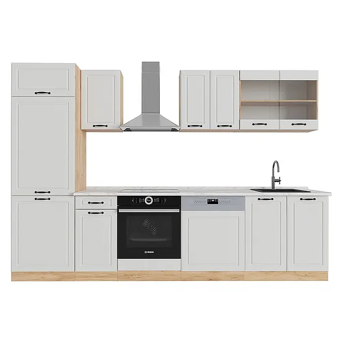 Vicco Küchenzeile R-Line Weiß Landhaus/Goldkraft Eiche, AP Marmor - Breite: 300 cm, Weiß Landhaus, Ohne Elektrogeräte - Moderne weiße Küche mit hellen Holzdetails, integriertem Backofen, Geschirrspüler, Spüle und Dunstabzugshaube.