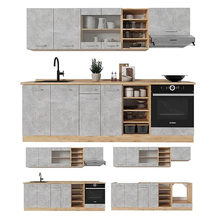 Vicco Küchenzeile R-Line Beton/Goldkraft Eiche, AP Eiche - Beton, Ohne Elektrogeräte - Modulare Küchenzeile mit grauen Betonoptik-Schränken, hellen Holzdetails, integriertem schwarzem Backofen und Spüle, in verschiedenen Konfigurationen dargestellt.