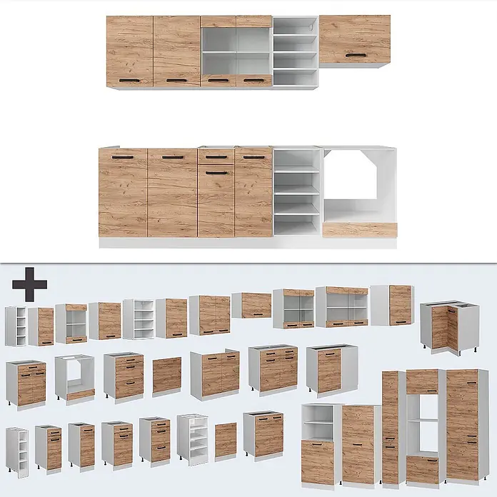 Vicco Küchenzeile R-Line Goldkraft Eiche/Weiß AP Eiche - Goldkraft Eiche, Ohne Elektrogeräte - Modulare Küchenschränke in heller Holzoptik und Weiß, mit schwarzen Griffen, in verschiedenen Konfigurationen.