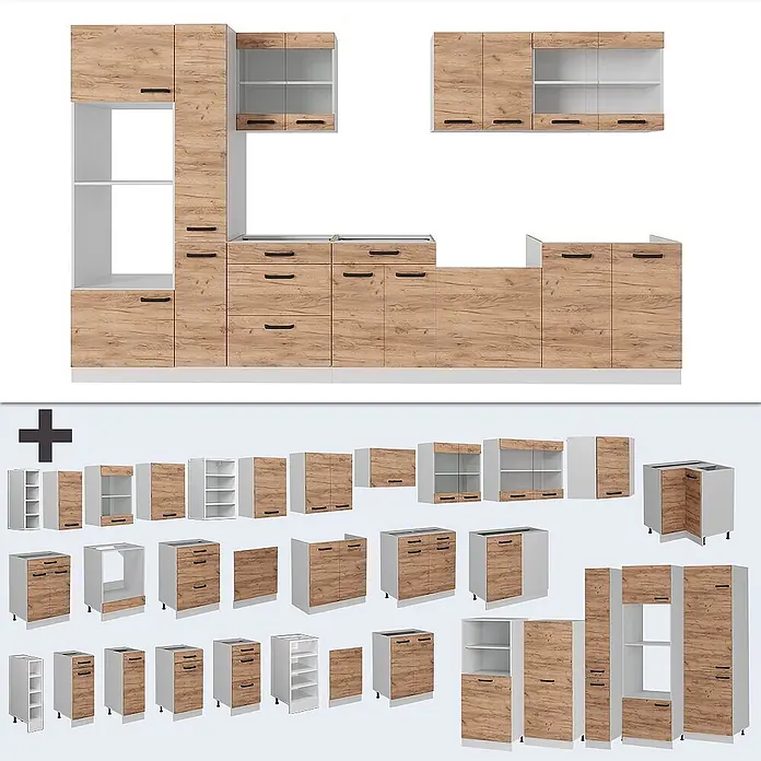 Vicco Küchenzeile R-Line Goldkraft Eiche/Weiß AP Eiche - Goldkraft Eiche, Ohne Elektrogeräte - Modulares Küchenschrank-Set in Eichenholzoptik und Weiß, mit schwarzen Griffen, zeigt eine zusammengebaute Küche und Einzelkomponenten.