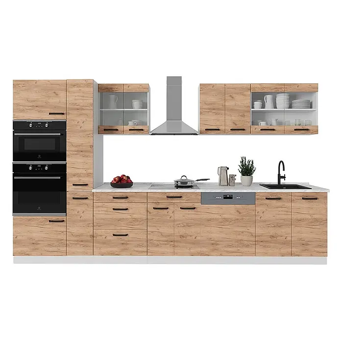 Vicco Küchenzeile R-Line Goldkraft Eiche/Weiß AP Eiche - Goldkraft Eiche, Ohne Elektrogeräte - Moderne Küchenzeile mit hellen Holzmaserungsschränken, schwarzen Griffen, weißer Arbeitsplatte und integrierten Geräten.