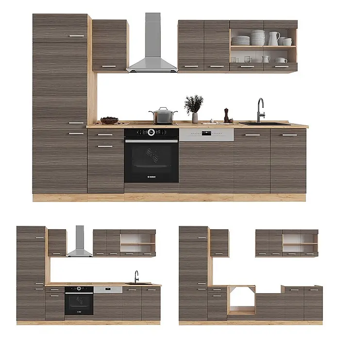 Vicco Küchenzeile R-Line Edelgrau/Goldkraft Eiche, AP Eiche - Breite: 300 cm, Edelgrau, Ohne Elektrogeräte - Modulare Küchenzeile mit graubraunen Holzmaserungsschränken und hellen Arbeitsplatten, in verschiedenen Konfigurationen.