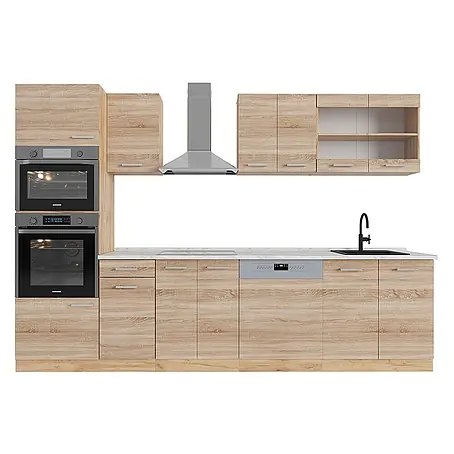 Vicco  Küchenzeile R-Line Sonoma/Goldkraft Eiche mit Hochschrank, AP Marmor