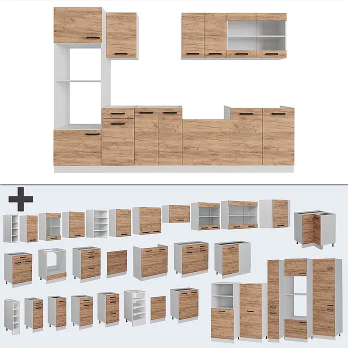 Vicco Küchenzeile R-Line Goldkraft Eiche/Weiß AP Anthrazit - Goldkraft Eiche, Ohne Elektrogeräte - Modulare Küchenschränke mit Holzoptikfronten und weißen Elementen.