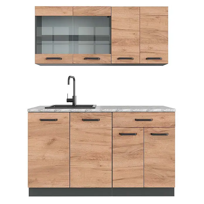 Vicco Singleküche R-Line Goldkraft Eiche/Anthrazit, AP Marmor - Breite: 140 cm, Goldkraft Eiche, Mit AP Marmor - Küchenschrank-Set in Holzoptik mit hellbraunen Türen, teilweise Glastüren, dunklen Griffen, grauer Arbeitsplatte mit schwarzem Spülbecken und Wasserhahn.