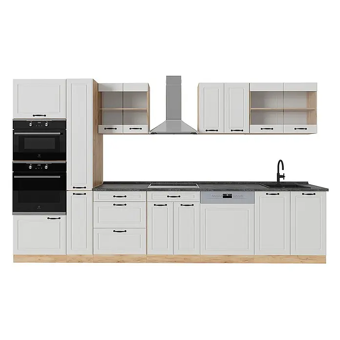 Vicco Küchenzeile R-Line Weiß Landhaus/Goldkraft Eiche, AP Anthrazit - Weiß Landhaus, Ohne Elektrogeräte - Moderne weiße Küche mit schwarzen Geräten, dunkler Arbeitsplatte und Holzdetails. Einbauöfen, Kochfeld, Spüle, Spülmaschine, Dunstabzugshaube enthalten.