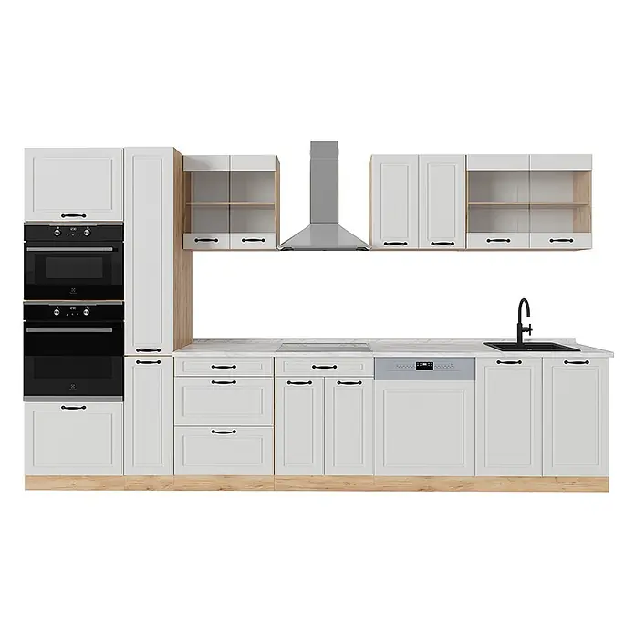Vicco Küchenzeile R-Line Weiß Landhaus/Goldkraft Eiche, AP Marmor - Weiß Landhaus, Ohne Elektrogeräte - Moderne weiße Küche mit Holzdetails, integrierten schwarzen Öfen, Kochfeld, Geschirrspüler, Spüle und einer Edelstahl-Dunstabzugshaube.