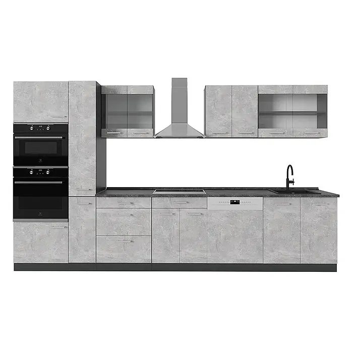 Vicco Küchenzeile R-Line Beton/Anthrazit, AP Anthrazit - Breite: 350 cm, Beton, Ohne Elektrogeräte - Moderne hellgraue Küche in Betonoptik. Mit Hochschränken, verglasten Oberschränken, Unterschränken, integrierten Öfen, Mikrowelle, Kochfeld, Spüle und Geschirrspüler.