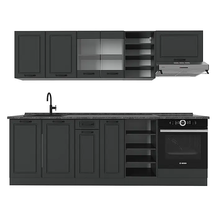 Vicco Küchenzeile R-Line Anthrazit Landhaus/Anthrazit, AP Anthrazit - Breite: 240 cm, Anthrazit Landhaus, Ohne Elektrogeräte - Dunkelgraue Modulküche mit Schranktüren im Shaker-Stil, integriertem Backofen, Spüle und offenen Regalen.