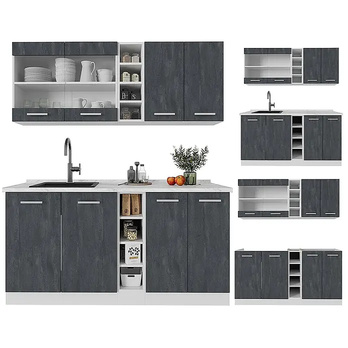 Vicco Singleküche R-Line Schwarz Beton/Weiß AP Anthrazit - Breite: 160 cm, Schwarz Beton, Mit AP Anthrazit - Dunkelgraue Küchenschrank-Garnitur mit weißen Arbeitsplatten, Spüle und Regalen.
