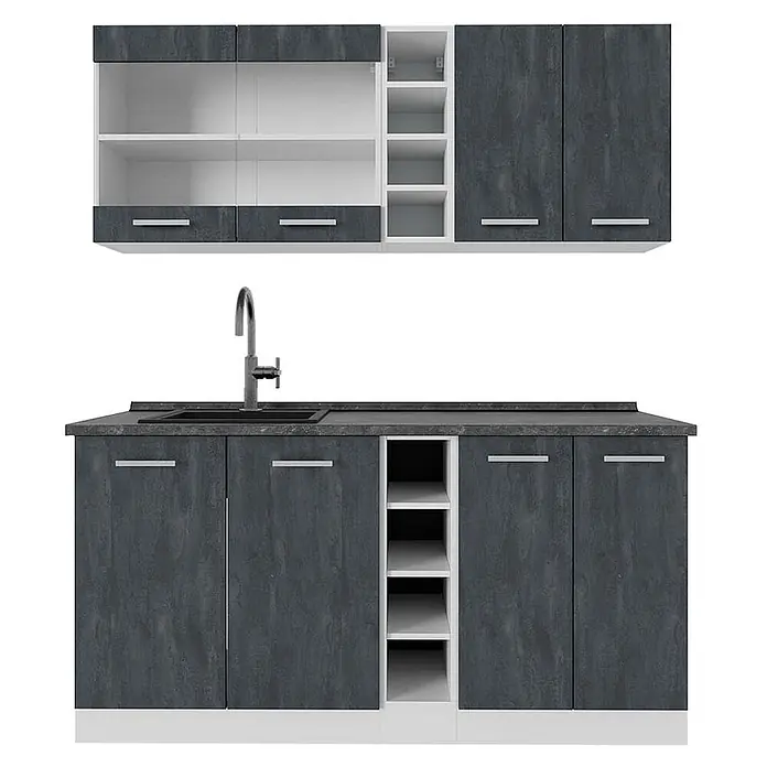 Vicco Singleküche R-Line, Schwarz Beton/Weiß, 160 cm -  - Zweiteilige Küchenzeile in Dunkelgrau mit Textur, weißen Regalen und Spüle.