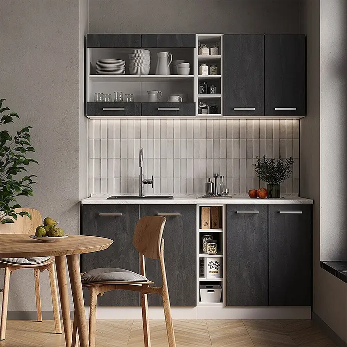 Vicco Singleküche R-Line Schwarz Beton/Weiß AP Anthrazit - Breite: 160 cm, Schwarz Beton, Mit AP Anthrazit - Moderne dunkelgraue Küchenschränke mit weißen offenen Regalen, Spülbecken und weißem Fliesenspiegel.