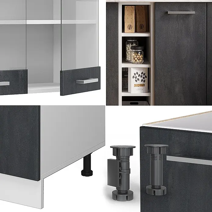 Vicco Singleküche R-Line Schwarz Beton/Weiß AP Anthrazit - Breite: 160 cm, Schwarz Beton, Mit AP Anthrazit - Modulares Küchenschranksystem mit dunkelgrauen Betonoptik-Platten, weißem Interieur, Glastüren, silbernen Griffen und verstellbaren Füßen.