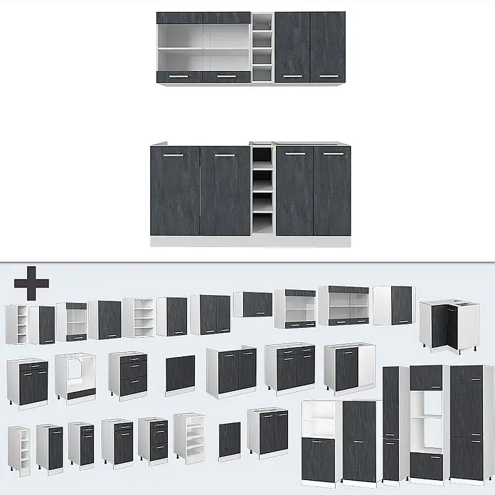Vicco Singleküche R-Line Schwarz Beton/Weiß AP Anthrazit - Breite: 160 cm, Schwarz Beton, Mit AP Anthrazit - Modulare Küchenschränke mit dunkelgrauen Fronten und weißen Korpen. Enthält verschiedene Unter-, Ober- und Hochschränke für flexible Gestaltung.