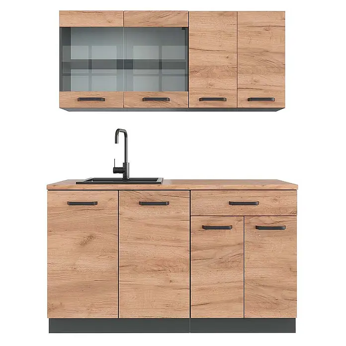 Vicco Singleküche R-Line Goldkraft Eiche/Anthrazit, AP Eiche - Breite: 140 cm, Goldkraft Eiche, Mit AP Eiche - Küchenzeile in heller Holzoptik mit schwarzen Griffen, Spüle und Wasserhahn. Oberschränke teils mit Glas, Unterschränke massiv.