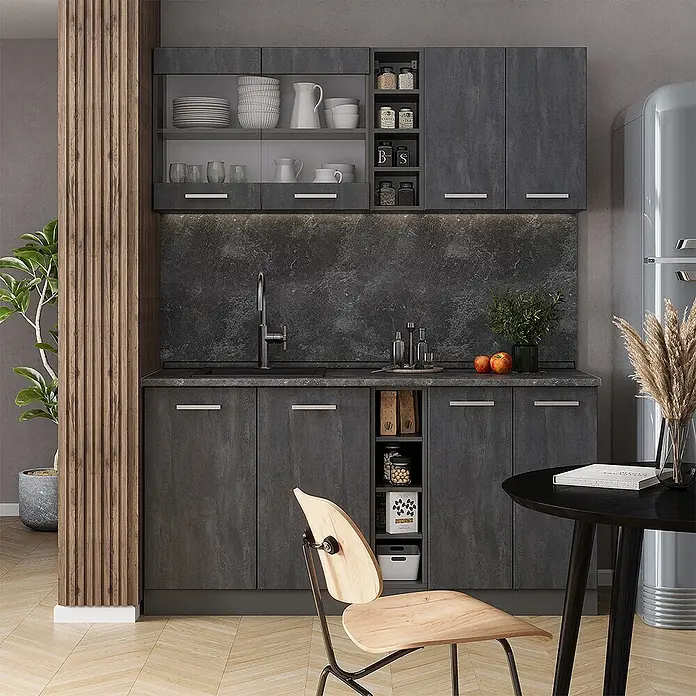 Vicco Singleküche R-Line Schwarz Beton/Anthrazit AP Eiche - Breite: 160 cm, Schwarz Beton, Mit AP Eiche - Dunkelgraue Küchenschrankgarnitur in Steinoptik mit Spüle und offenen Regalen in moderner Küchenumgebung.