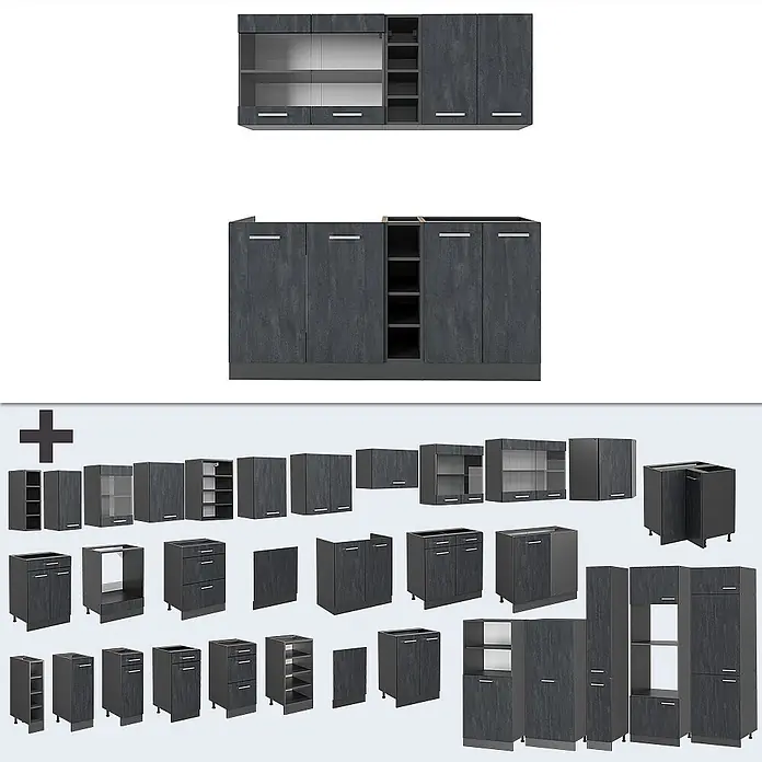 Vicco Singleküche R-Line Schwarz Beton/Anthrazit AP Eiche - Breite: 160 cm, Schwarz Beton, Mit AP Eiche - Modulares Küchenschranksystem in Dunkelgrau mit verschiedenen Unter-, Ober-, Hoch-, Eckschränken, Glasfronten und offenen Regalen.