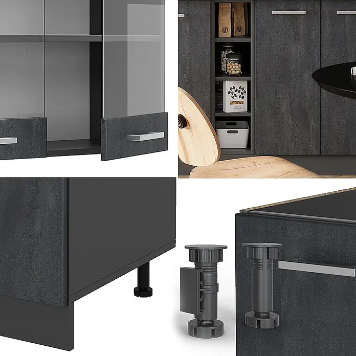 Vicco Singleküche R-Line Schwarz Beton/Anthrazit AP Eiche - Breite: 160 cm, Schwarz Beton, Mit AP Eiche - Dunkelgrauer Küchenschrank mit strukturierter Oberfläche, Glastüren und silbernen Griffen, ausgestattet mit verstellbaren Füßen.
