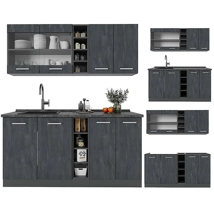 Vicco Singleküche R-Line Schwarz Beton/Anthrazit AP Eiche - Breite: 160 cm, Schwarz Beton, Mit AP Eiche - Dunkelgraues Küchenschrankset mit Stein-Optik, obere Schränke mit Glas und offenen Fächern, untere Schränke mit Spüle und silbernen Griffen.