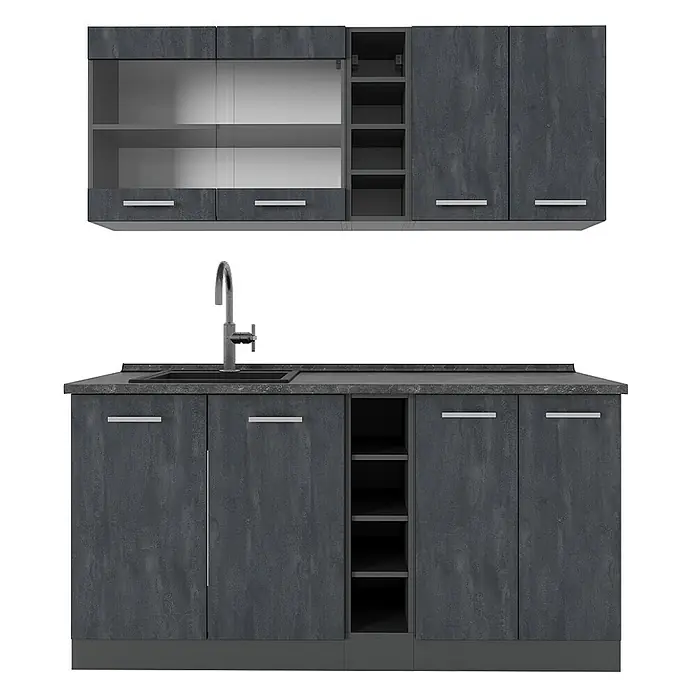 Vicco Singleküche R-Line, Schwarz Beton/Anthrazit, 160 cm -  - Dunkelgraue, texturierte Küchenschrank-Garnitur mit Ober- und Unterschränken, Spüle, Armatur, Glastüren und offenen Fächern.