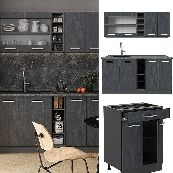 Vicco Singleküche R-Line Schwarz Beton/Anthrazit AP Eiche - Breite: 160 cm, Schwarz Beton, Mit AP Eiche - Dunkelgraues, texturiertes Modulküchenschrank-Set mit Ober-, Unter- und Spülschränken.