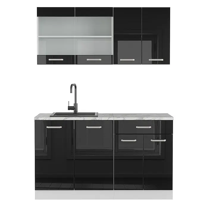 Vicco Singleküche R-Line Schwarz Hochglanz/Weiß, AP Marmor - Schwarz Hochglanz, Mit AP Marmor - Glänzende schwarze Küchenschränke mit silbernen Griffen, oberen Türen aus Milchglas, weißer Marmor-Arbeitsplatte und schwarzem Spülbecken.