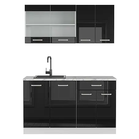 Vicco  Singleküche R-Line Schwarz Hochglanz/Weiß, AP Marmor