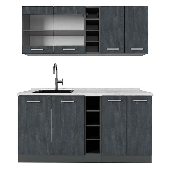 Vicco Singleküche R-Line Schwarz Beton/Anthrazit AP Marmor - Breite: 160 cm, Schwarz Beton, Mit AP Marmor - Dunkelgraues Küchenschrank-Set mit weißer Arbeitsplatte, integrierter Spüle und Wasserhahn. Mit Glastüren und offenen Regalen.