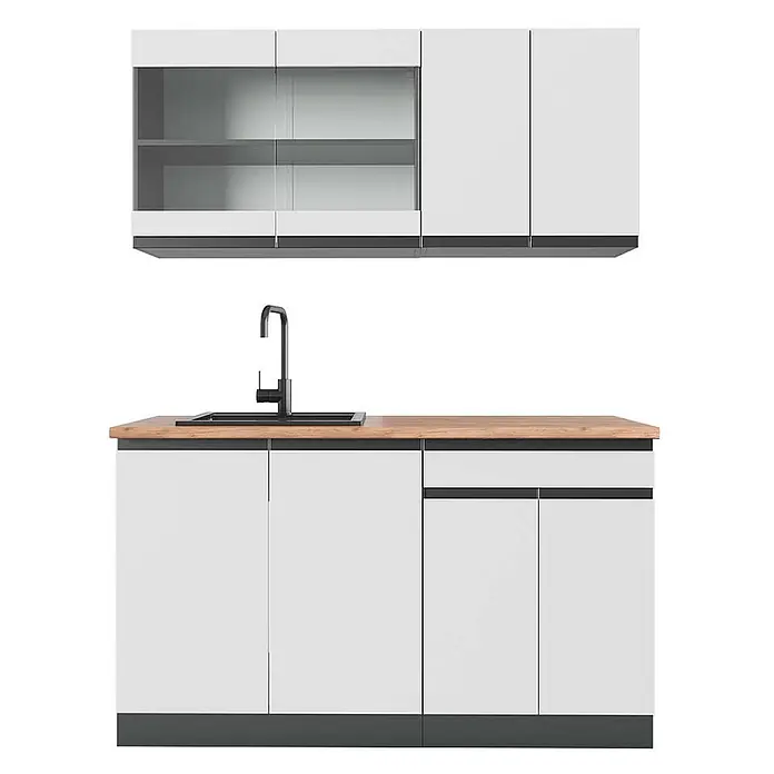 Vicco Singleküche R-Line Weiß/Anthrazit J-Shape, AP Eiche - Breite: 140 cm, Weiß, Mit AP Eiche - Weiße modulare Küchenzeile mit Holz-Arbeitsplatte, schwarzer Spüle und Armatur, sowie geschlossenen und Glas-Oberschränken und Unterschränken.
