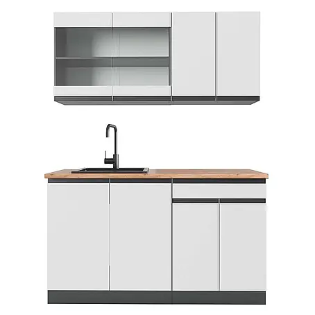 Vicco  Singleküche R-Line Weiß/Anthrazit J-Shape, AP Eiche