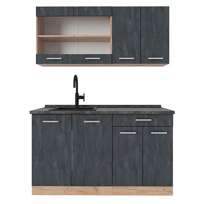 Vicco Singleküche R-Line Schwarz Beton/Goldkraft Eiche AP Anthrazit - Schwarz Beton, Mit AP Anthrazit - Dunkelgraue Küchenschrank-Garnitur in Beton-Optik mit Holzdetails, Spüle und Wasserhahn.