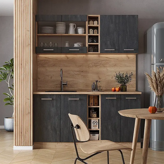 Vicco Singleküche R-Line Schwarz Beton/Goldkraft Eiche ohne Arbeitsplatte - Breite: 160 cm, Schwarz Beton, Ohne AP - Moderne Einbauküche mit dunkelgrauen Schränken, heller Holzrückwand und Arbeitsplatte, ausgestattet mit Spüle und offenen Regalen.