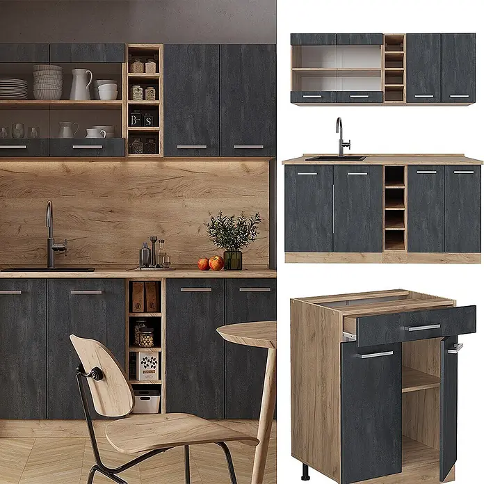 Vicco Singleküche R-Line Schwarz Beton/Goldkraft Eiche ohne Arbeitsplatte - Breite: 160 cm, Schwarz Beton, Ohne AP - Eine moderne Modulküche mit dunkelgrauen Schränken, hellen Holz-Arbeitsplatten und offenen Regalen.