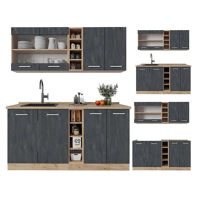 Vicco Singleküche R-Line Schwarz Beton/Goldkraft Eiche ohne Arbeitsplatte - Breite: 160 cm, Schwarz Beton, Ohne AP - Moderne dunkelgraue und helle Holz-Küchenschrank-Kombination mit offenen Fächern und Spülbecken.