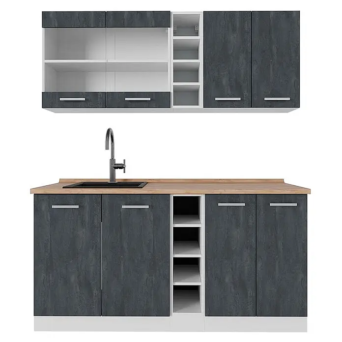 Vicco Singleküche R-Line Schwarz Beton/Weiß AP Eiche - Breite: 160 cm, Schwarz Beton, Mit AP Eiche - Dunkelgraue Küchenschrank-Garnitur mit weißen Regalen und heller Holz-Arbeitsplatte, inklusive Spüle.