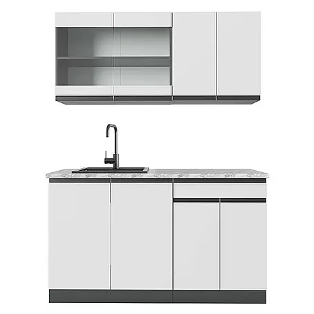 Vicco  Singleküche R-Line Weiß/Anthrazit J-Shape, AP Marmor