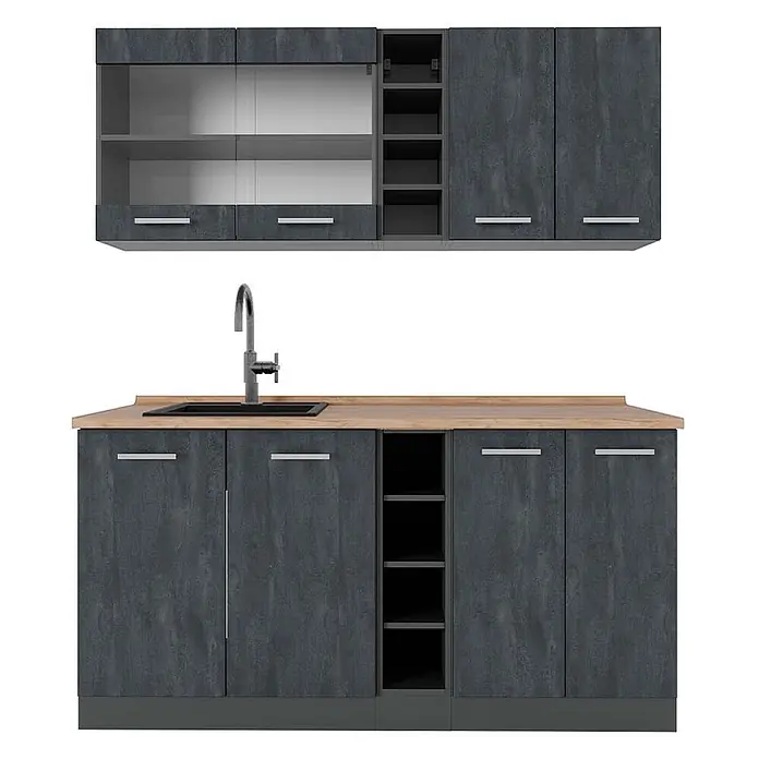 Vicco Singleküche R-Line Schwarz Beton/Anthrazit AP Eiche - Breite: 160 cm, Schwarz Beton, Mit AP Eiche - Dunkelgraue Küchenschränke mit Holztheke und Spüle, teils mit Glastüren und offenen Regalfächern.