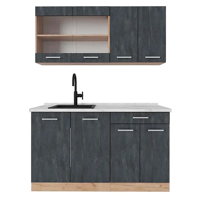 Vicco Singleküche R-Line Schwarz Beton/Goldkraft Eiche AP Marmor - Breite: 140 cm, Schwarz Beton, Mit AP Marmor - Moderne Küchenzeile in Dunkelgrau mit Holzdetails, weißer Arbeitsplatte und schwarzem Spülbecken/Armatur. Mit Ober- und Unterschränken.