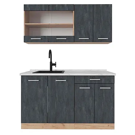 Vicco  Singleküche R-Line Schwarz Beton/Goldkraft Eiche AP Marmor