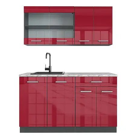 Vicco  Singleküche R-Line Rot Hochglanz/Anthrazit, AP Marmor