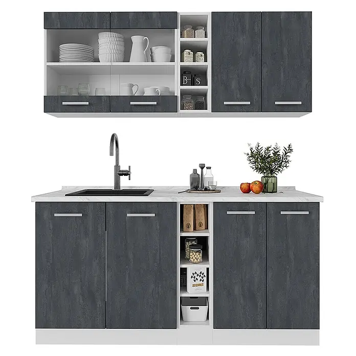 Vicco Singleküche R-Line Schwarz Beton/Weiß ohne Arbeitsplatte - Breite: 160 cm, Schwarz Beton, Ohne AP - Modernes Küchenschrank-Set in Anthrazit mit weißer Arbeitsplatte und Spüle, bietet Ober- und Unterschränke.