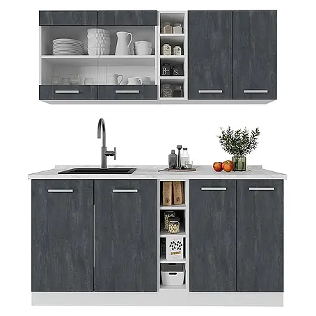 Vicco  Singleküche R-Line Schwarz Beton/Weiß ohne Arbeitsplatte