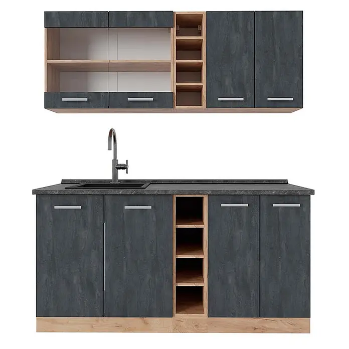 Vicco Singleküche R-Line, Schwarz Beton/Goldkraft Eiche, 160 cm -  - Modernes Küchenschrank-Set in Dunkelgrau und hellem Holzdekor, bestehend aus Oberschrank und Unterschrank mit Spüle.