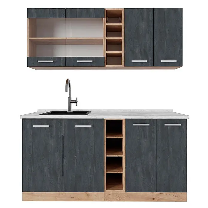 Vicco Singleküche R-Line Schwarz Beton/Goldkraft Eiche AP Marmor - Breite: 160 cm, Schwarz Beton, Mit AP Marmor - Zweiteilige Küchenzeile mit dunkelgrauen Türen, hellen Holzdetails, weißer Arbeitsplatte und integriertem Spülbecken.