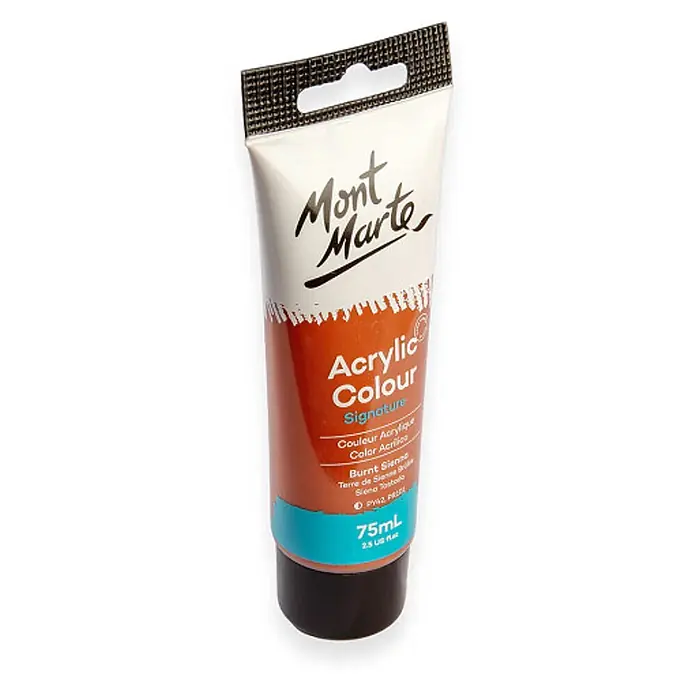 Mont Marte Acrylfarbe Signature - Gebrannte Siena, 75 ml, Tube - 75ml Mont Marte Signature Acrylfarbe Burnt Sienna Tube, rotbraun mit einem türkisfarbenen unteren Etikett.