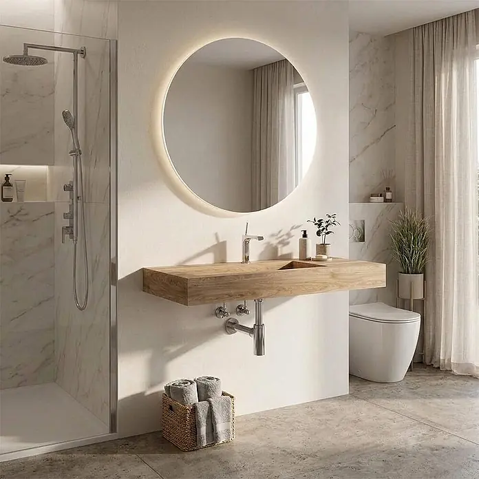 Kiamami Valentina Aufsatzwaschbecken - 460 x 1.000 cm, Helles Holz - Schwebender Waschtisch aus hellem Holz mit integriertem Becken und großem, beleuchteten Rundspiegel im modernen Bad.