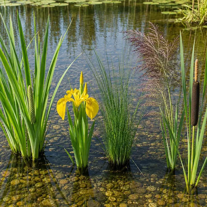 Piardino Wasserpflanzen-Set Reinigungshelden - 5 -tlg., Acorus calamus, Iris pseudacorus, Juncus inflexus, Phragmites australis, Typha angustifolia - Verschiedene leuchtend grüne Teichpflanzen, darunter gelbe Iris, federnde Schilfgräser und brauner Rohrkolben, in klarem Wasser.