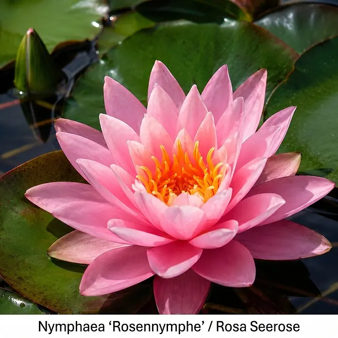 Piardino Wasserpflanzen-Set Seerosenglück - 5 -tlg., Nymphaea 'Hever White' (Hermine), Nymphaea Burgundy Princess, Nymphaea 'Rosennymphe', Nymphaea Sulphurea, Nymphaea 'Aurora' - Rosa Seerose 'Rosennymphe' mit gelbem Zentrum, schwimmend auf Wasser umgeben von grünen Seerosenblättern, mit einer geschlossenen Knospe.