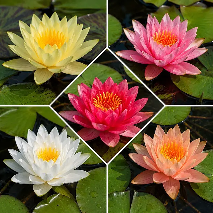 Piardino Wasserpflanzen-Set Seerosenglück - 5 -tlg., Nymphaea 'Hever White' (Hermine), Nymphaea Burgundy Princess, Nymphaea 'Rosennymphe', Nymphaea Sulphurea, Nymphaea 'Aurora' - Ein Mosaik aus fünf leuchtenden Seerosen in Gelb, Rosa, Weiß, Rot und Pfirsich, schwimmend auf grünen Seerosenblättern.